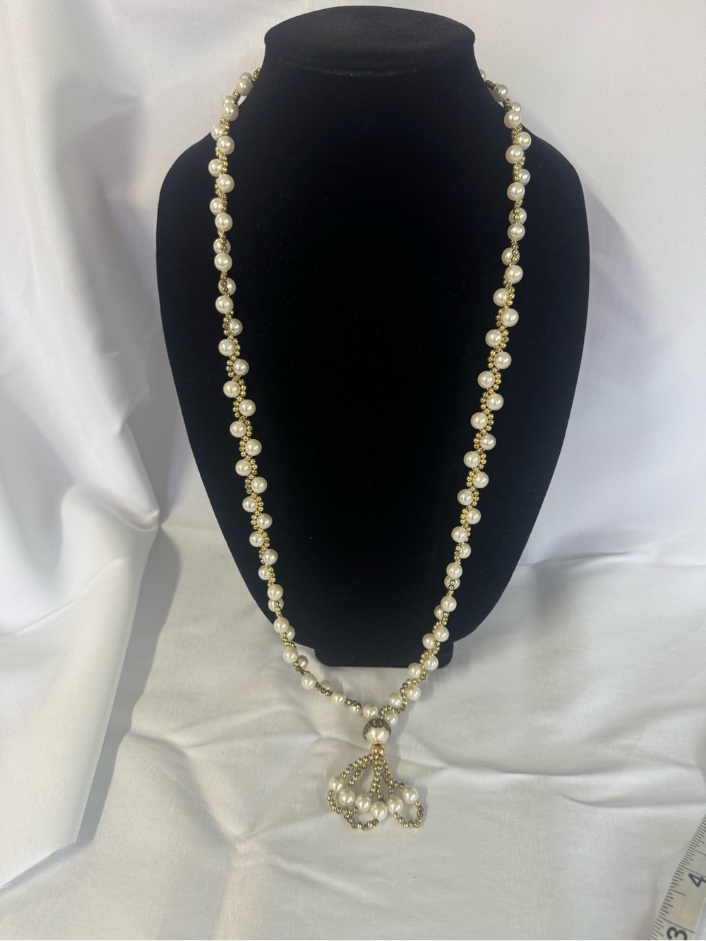 Elegant Ivory Pearl Long Necklace with Gold Accents